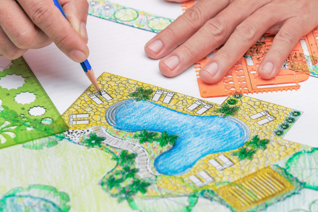 Hand drawn backyard blueprint of a freeform pool