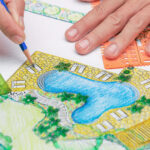 Hand drawn backyard blueprint of a freeform pool