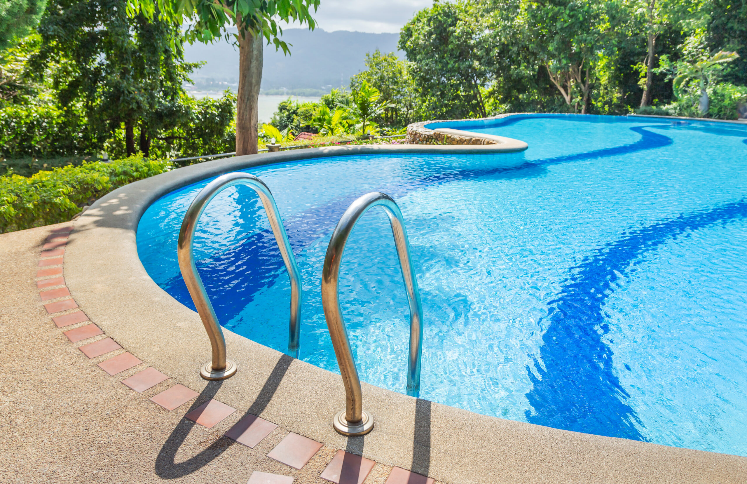 Picture of a rounded pool with a metal pool ladder